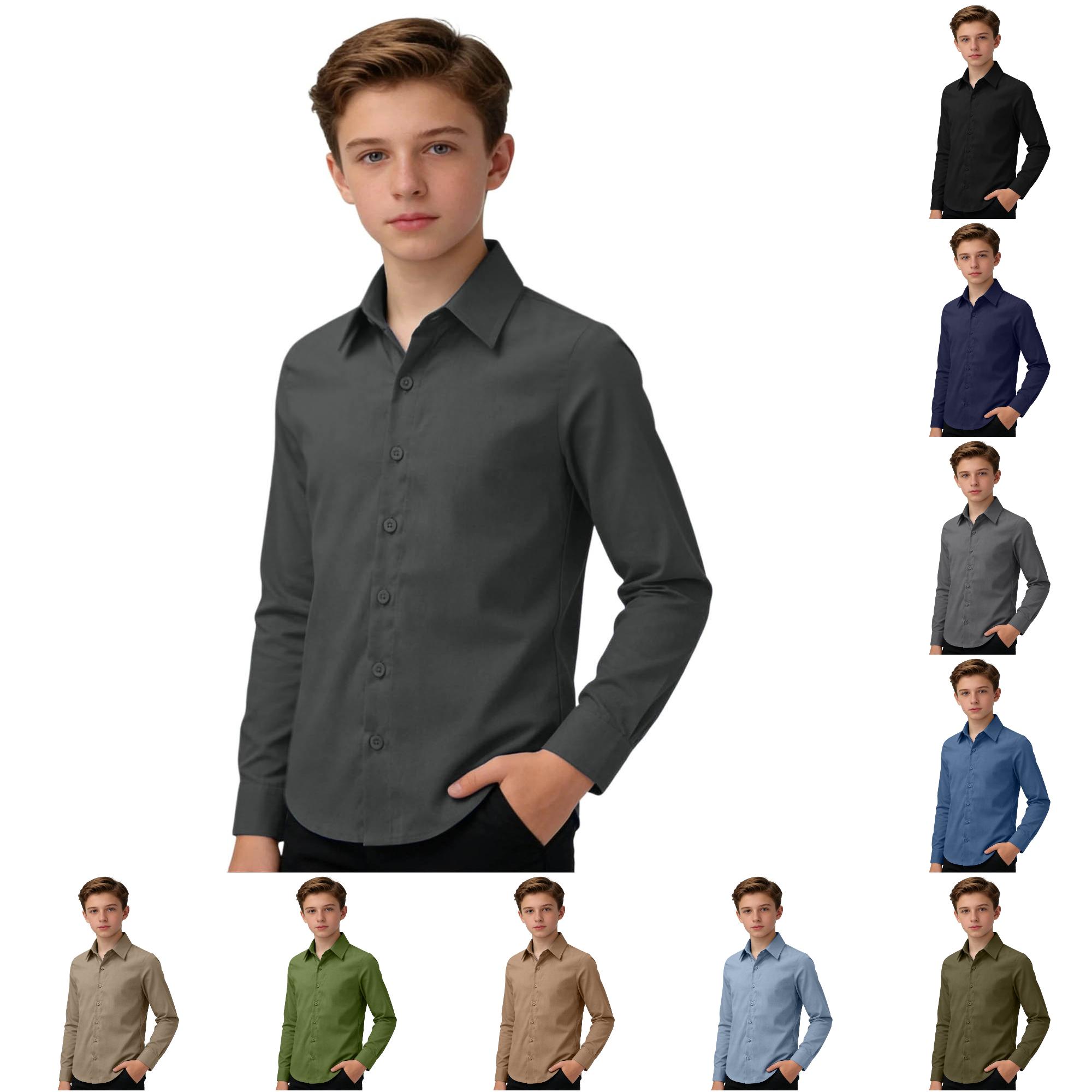 Zhanqunnn Boys Long Sleeve Button Down Shirt Linen Blend Classic Fit School Daily, Size 9-10 Years