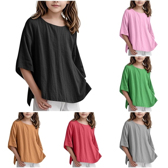 Zhanqunnn Children Girls Shirt 3/4 Sleeve Linen Blouse Leisure Elegant Crew Neck Plain 3-15Y, Size 12-13 Years