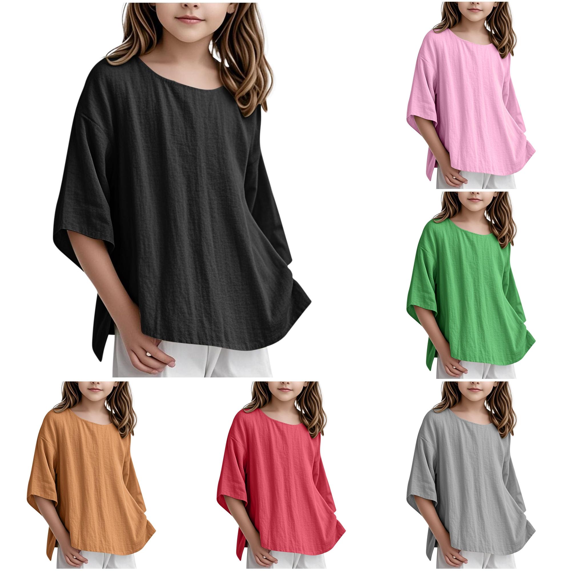 Zhanqunnn Children Girls Shirt 3/4 Sleeve Linen Blouse Leisure Elegant Crew Neck Plain 3-15Y, Size 13-14 Years