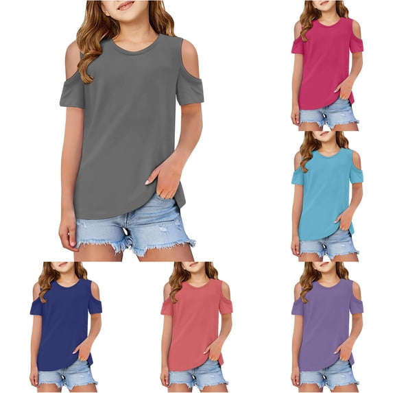 Zhanqunnn Children Kids Girls Short Sleeve Cute Crew Neck Cold Shoulder Tee Top, Size 11-12 Years