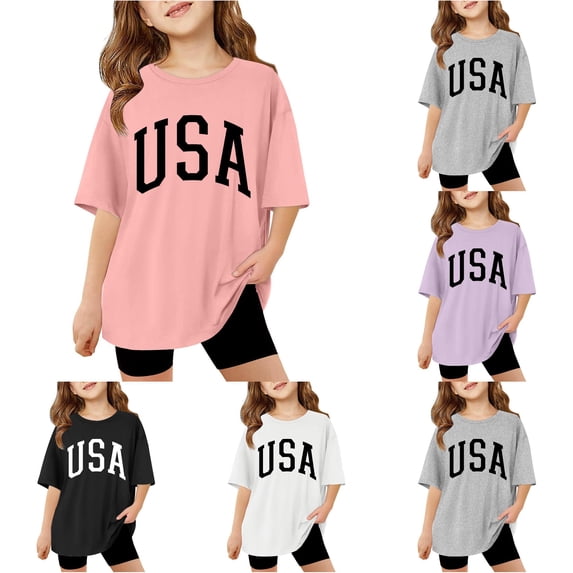 Zhanqunnn Children Kids Girls Short Sleeve Letter Printed Crewneck Casual Tees, Size 13-14 Years