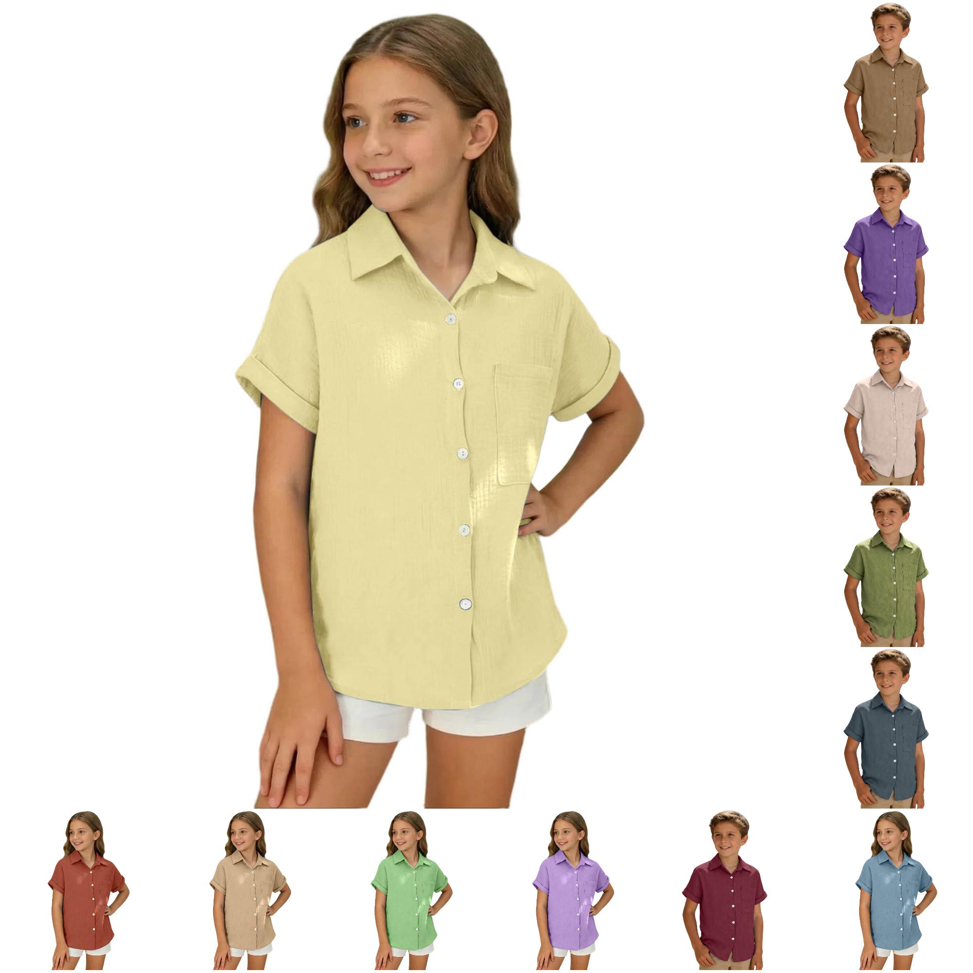 Zhanqunnn Classic Solid Color Short Sleeve Shirt Girls Casual Blouse Youth Breathable, Size 3-4 Years