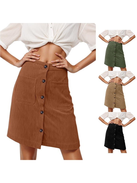 Corduroy Skirt High Waisted Button Down A Line Fall Winter Short Skirt With Pockets Casual Stretch Comfort Fit Skirts for Women, Size XXL