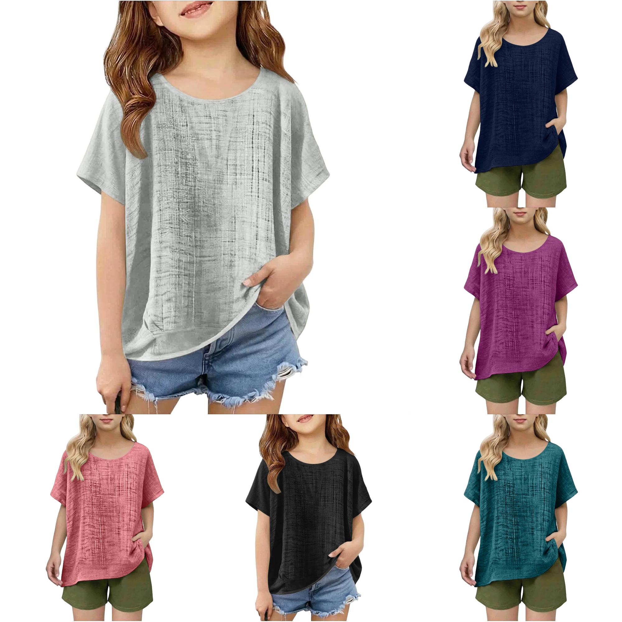 Zhanqunnn Girls Breathable Linen Blend Loose Fit Round Neck Tee Casual Daily Wear, Size 9-10 Years