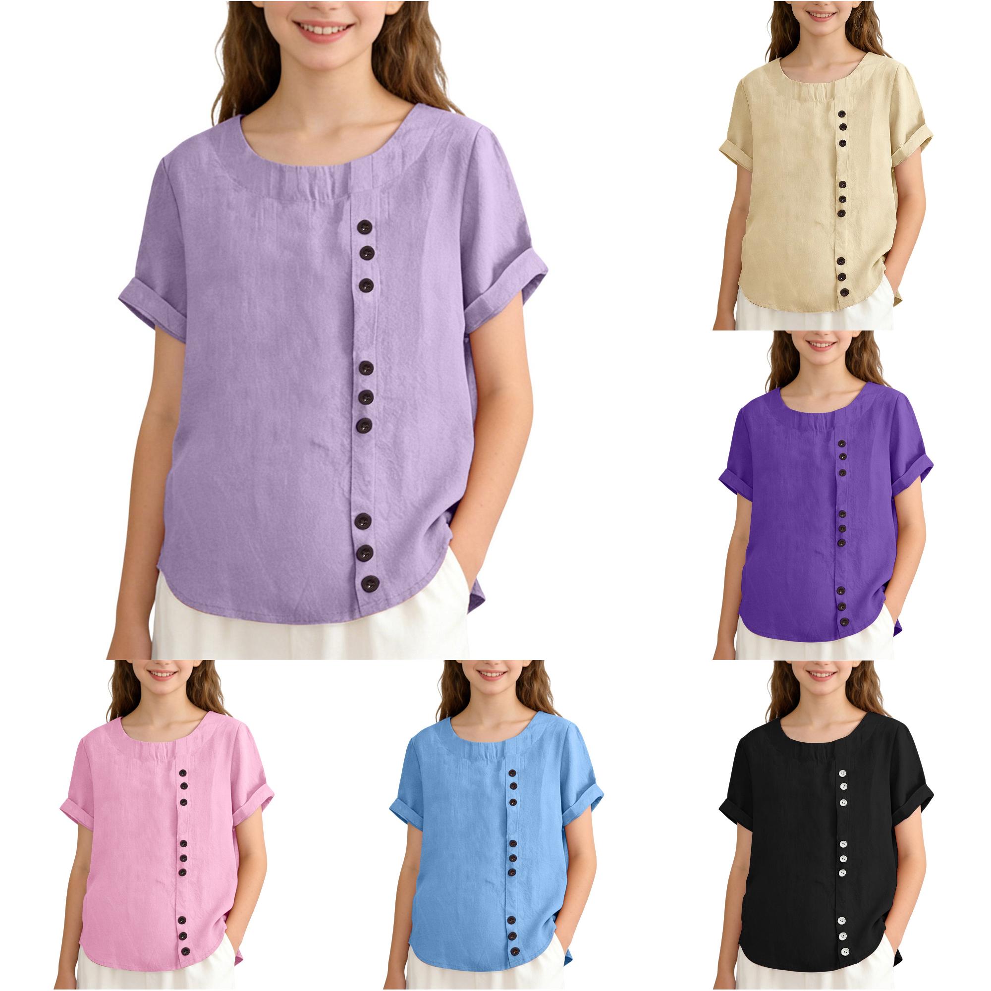 Zhanqunnn Girls Casual Button Down Shirt Soft Breathable Textured Loose Fit, Size 9-10 Years