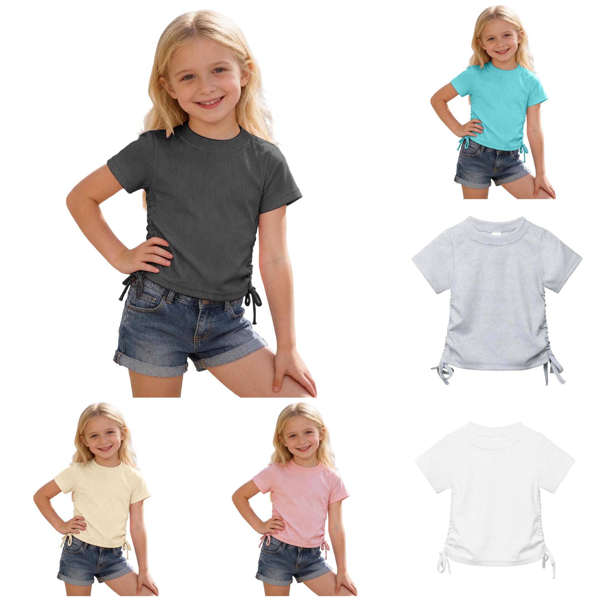 Zhanqunnn Girls Fashion Ribbed Knit Solid Color Tie Shoulder Casual Tee Kids, Size 3-4 Years