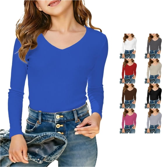 Zhanqunnn Girls Long Sleeve Ribbed V Neck Tee Kids Big Kids Tweens Breathable, Size 11-12 Years