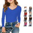 thumbnail image 1 of Zhanqunnn Girls Long Sleeve Ribbed V Neck Tee Kids Big Kids Tweens Breathable, Size 7-8 Years, 1 of 4