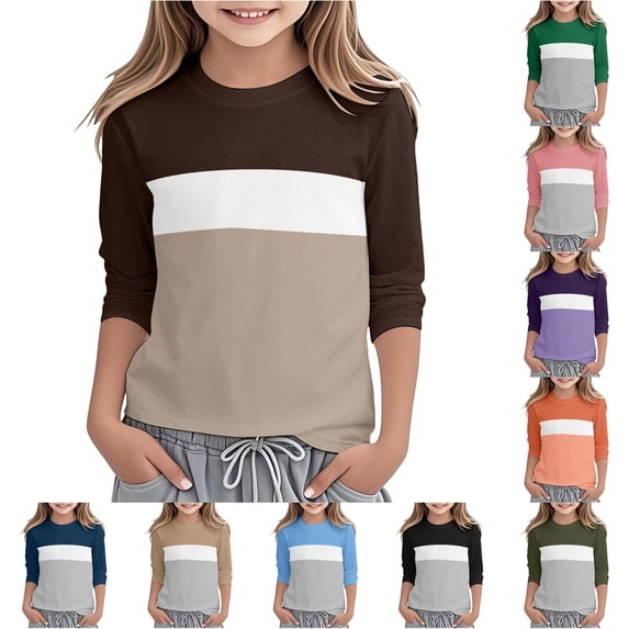 Zhanqunnn Girls Long Sleeve Round Neck Color Block Tee Soft Casual Top Toddler Kids, Size 7-8 Years