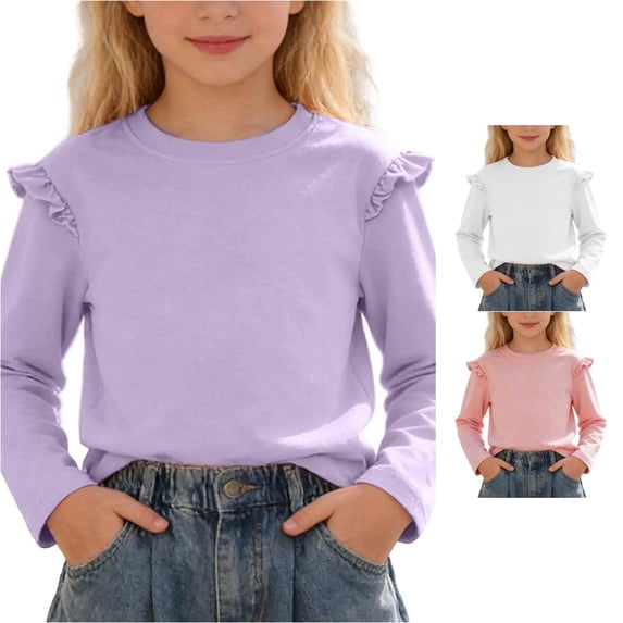 Zhanqunnn Girls Long Sleeve Top Ruffle Hem Round Neck Casual Blouse Autumn Season, Size 13-14 Years
