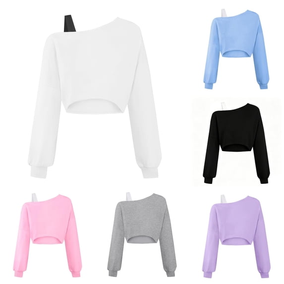 Zhanqunnn Girls Off Shoulder Sweatshirt Asymmetrical Long Sleeve Crop Top, Size 11-12 Years