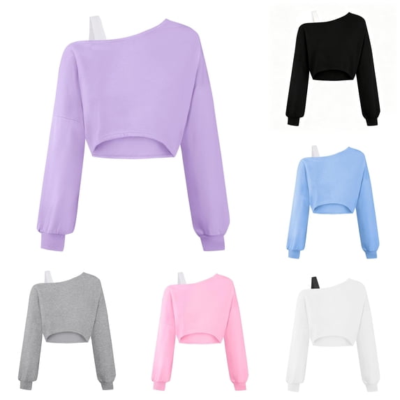 Zhanqunnn Girls Off Shoulder Sweatshirt Asymmetrical Long Sleeve Crop Top, Size 15-16 Years