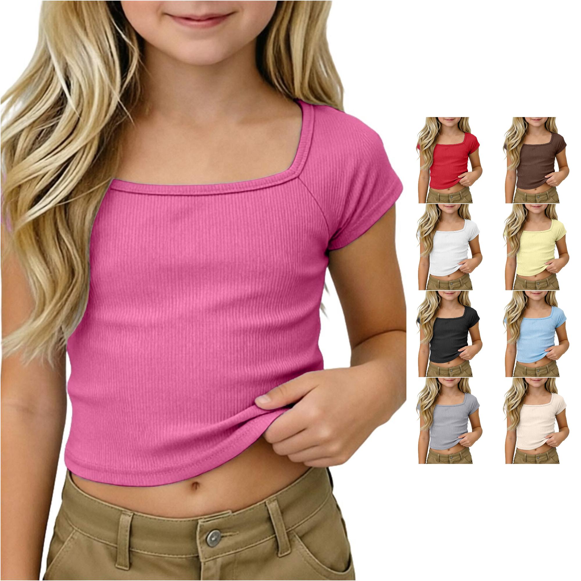 Zhanqunnn Girls Ribbed Knit Crop Top Short Sleeve Square Neck Raglan Kids Toddler, Size 4-5 Years