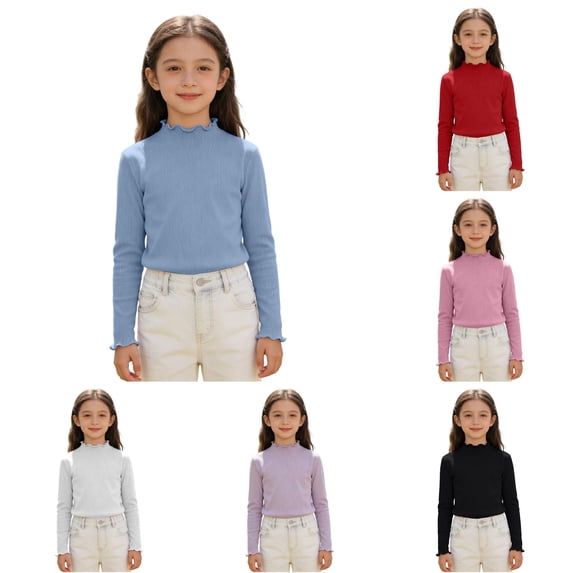 Zhanqunnn Girls Ribbed Long Sleeve Soft Stretch Blend Tee Kids Classic Fit, Size 11-12 Years