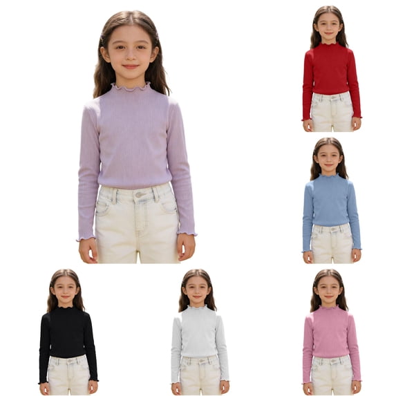 Zhanqunnn Girls Ribbed Long Sleeve Soft Stretch Blend Tee Kids Classic Fit, Size 7-8 Years