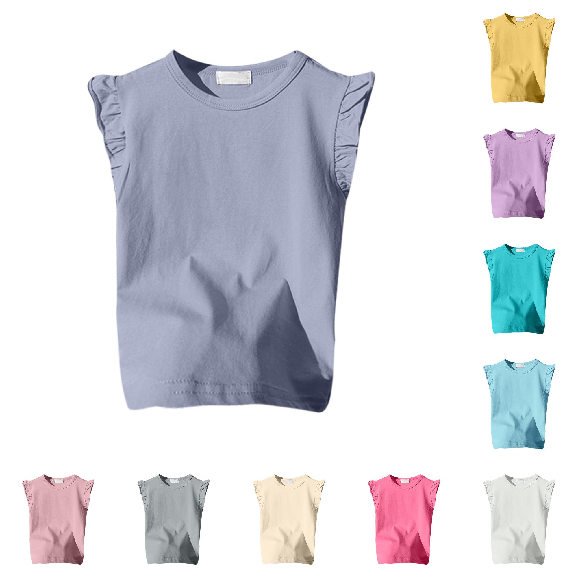 Zhanqunnn Girls Ruffle Sleeve Solid Color Vest Short Sleeve Basic Tee, Size 5-6 Years