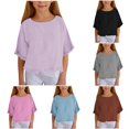 thumbnail image 1 of Zhanqunnn Girls Shirt Linen Half Sleeve Ruffled Casual Round Neck Solid Loose 5-15Y, Size 11-12 Years, 1 of 5