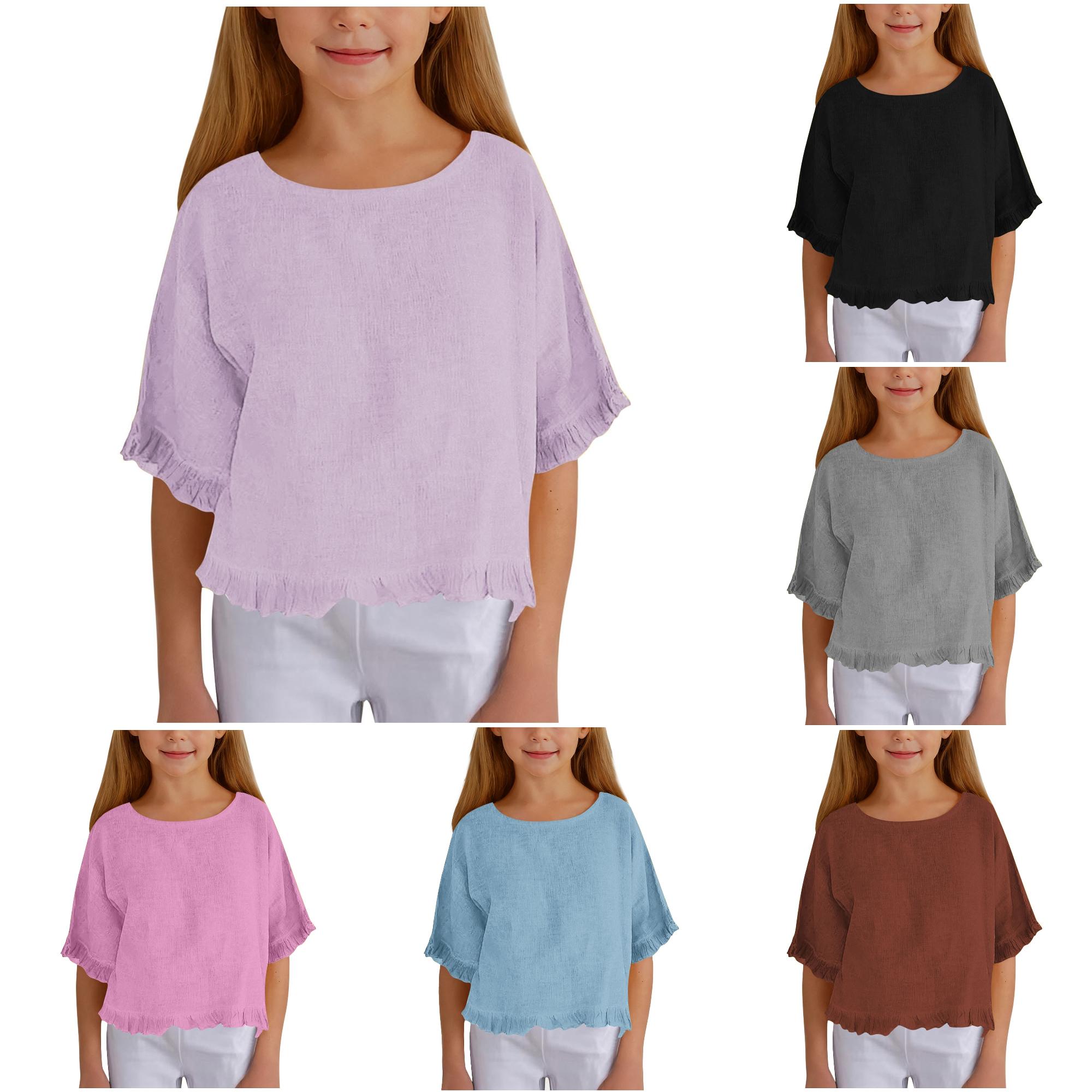 Zhanqunnn Girls Shirt Linen Half Sleeve Ruffled Casual Round Neck Solid Loose 5-15Y, Size 7-8 Years
