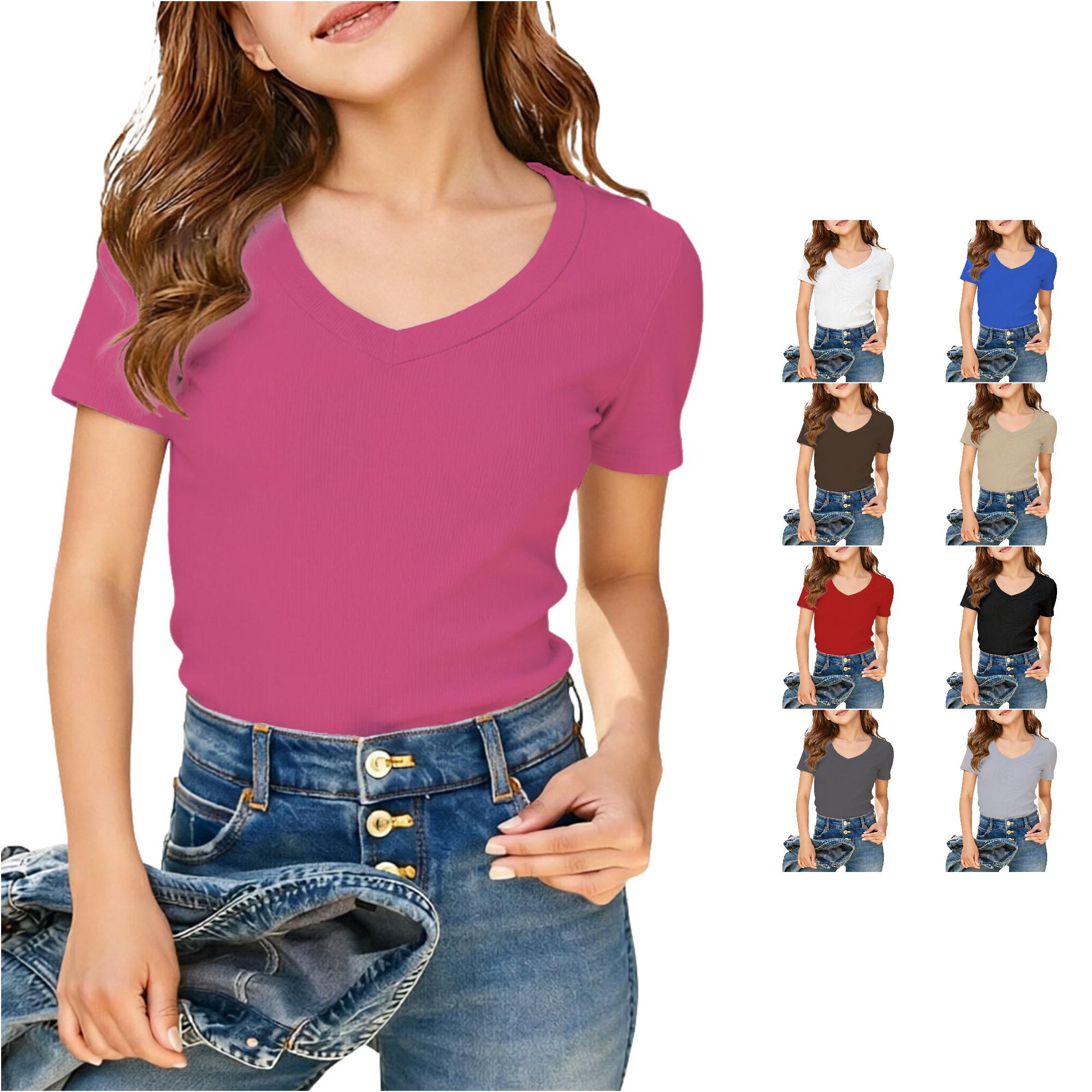 Zhanqunnn Girls Short Sleeve Ribbed V Neck Tee Kids Big Kids Tweens Breathable, Size 7-8 Years