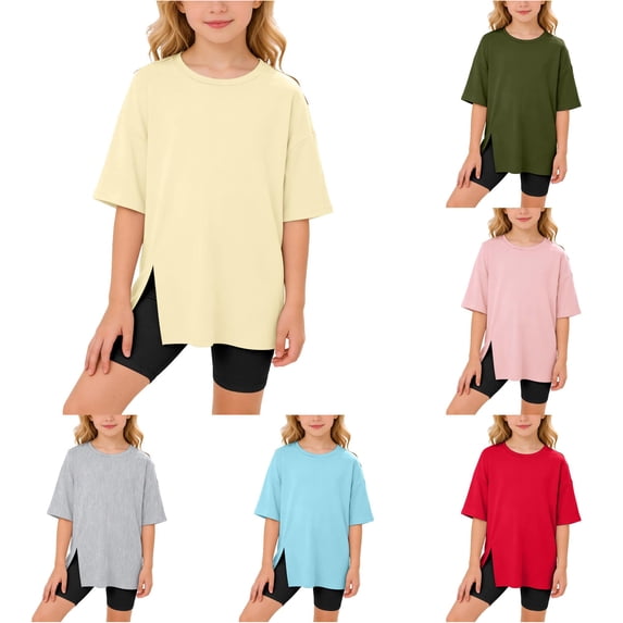 Zhanqunnn Girls Split Hem Short Sleeve T Shirt Casual Round Neck Blouse Toddler, Size 9-10 Years