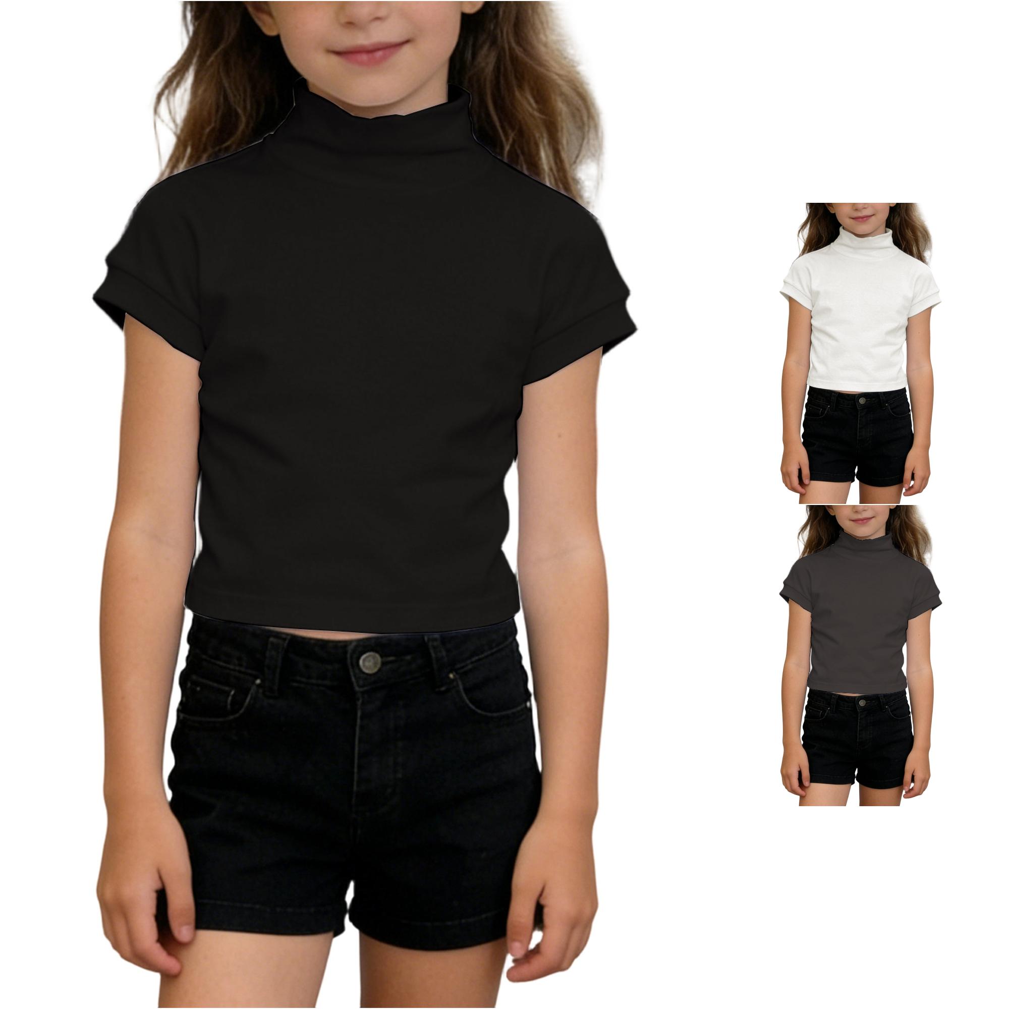 Zhanqunnn Girls Stretch Fit Short Sleeve Semi High Neck Tee School Play Soft, Size 15-16 Years
