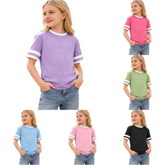 Zhanqunnn Girls Striped Print Short Sleeve T Shirt Casual Breathable Blend Play, Size 10-11 Years