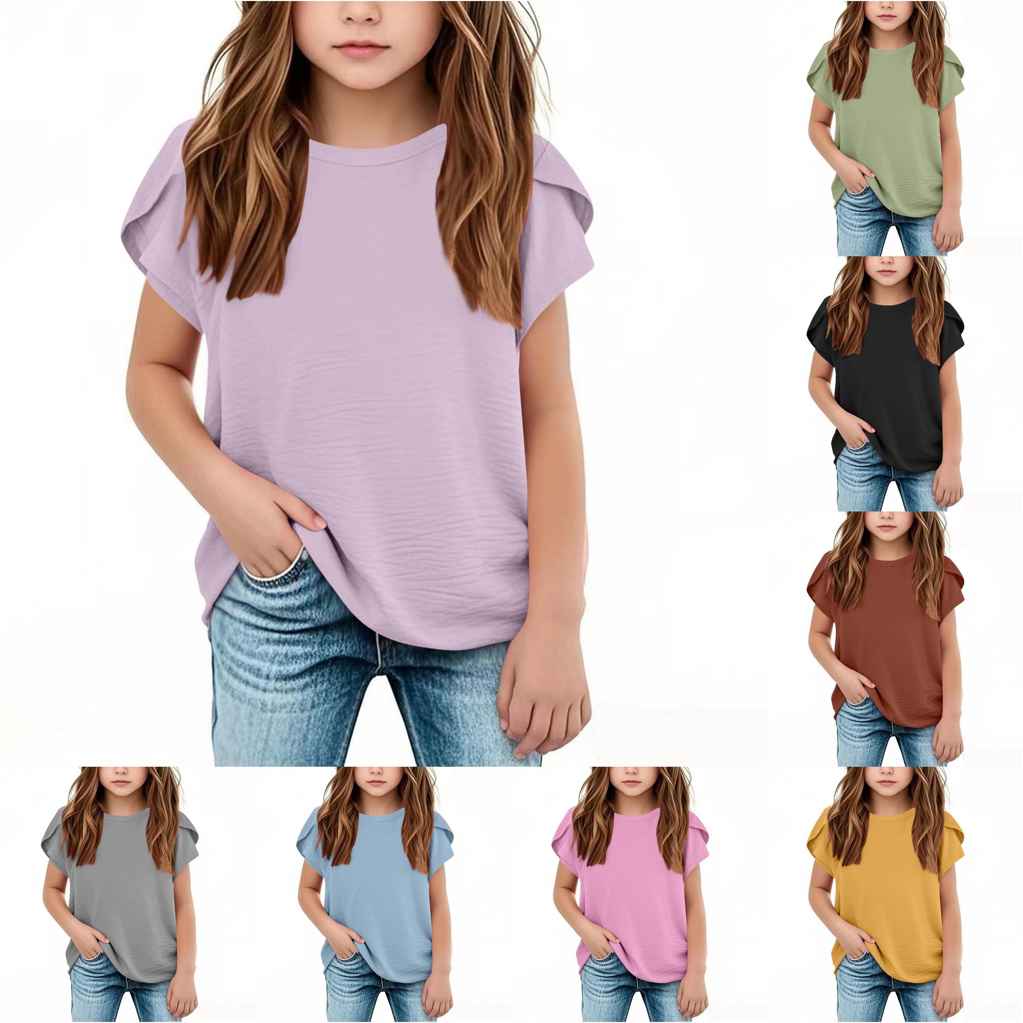 Zhanqunnn Girls Summer Casual Short Sleeve Top Solid Color Round Neck Linen Blend, Size 9-10 Years