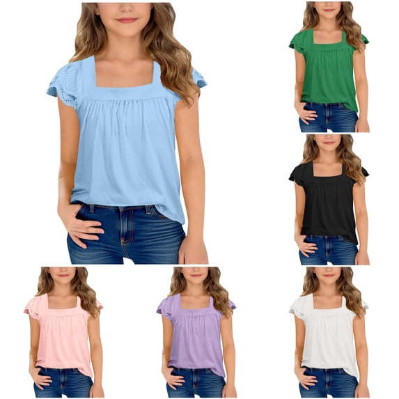Zhanqunnn Girls Summer Short Sleeve Hollow Out Lace Flutter Sleeve Round Neck Tee, Size 14-15 Years