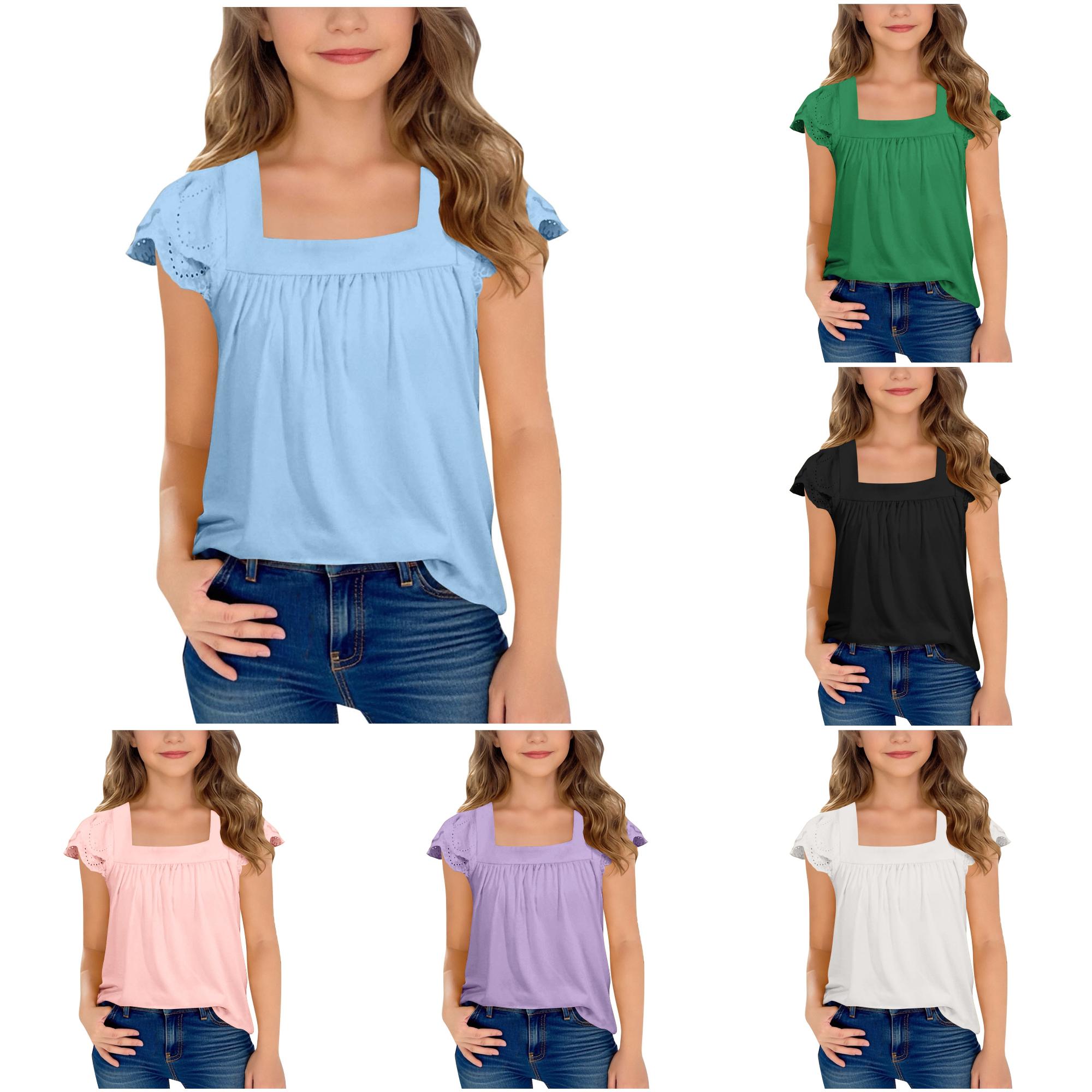 Zhanqunnn Girls Summer Short Sleeve Hollow Out Lace Flutter Sleeve Round Neck Tee, Size 14-15 Years