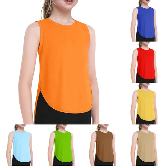 Zhanqunnn Kids Girls Summer Athletic Solid Color Tank Tops Split Curved Hem Sleeveless, Size 5-6 Years