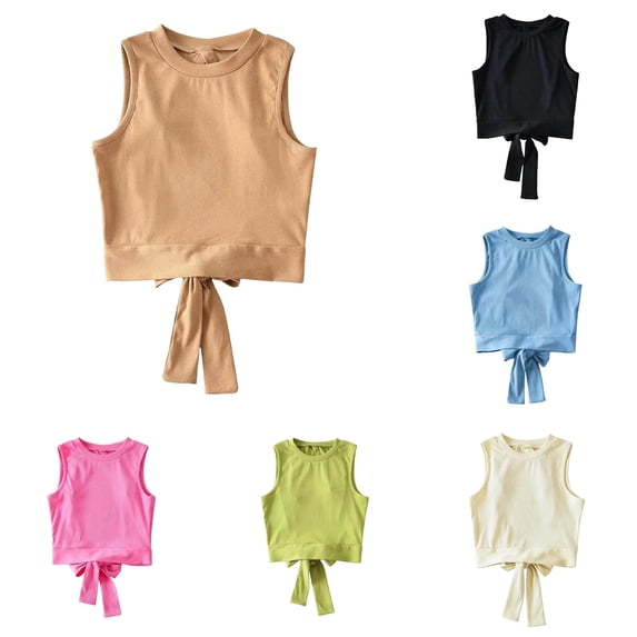 Zhanqunnn Kids Short Tank Top T Shirt Summer Round Neck Back Bow Tie Hollowed Out Short Style, Size M