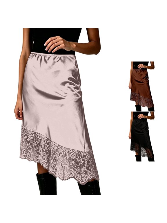 Satin Lace Insert Midi Skirt With Floral Embroidered For Summer Casual Cute Skirts, Size L