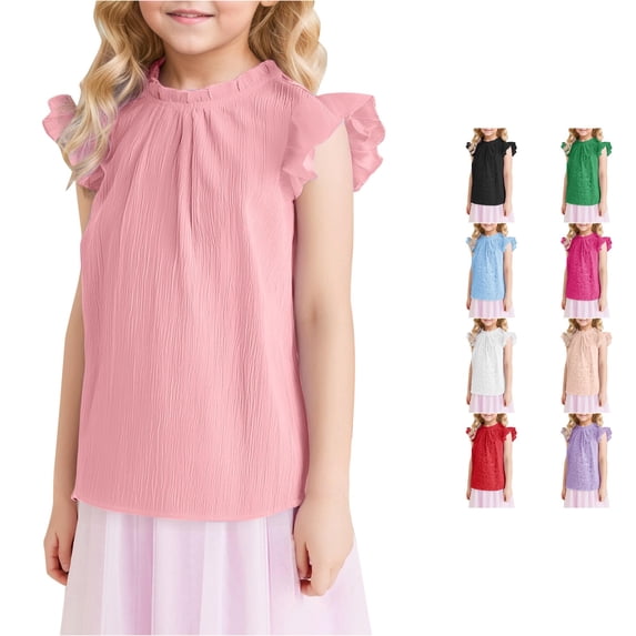 Zhanqunnn Solid Color Ruffled Short Sleeve Girls Pleated Texture Casual Shirt, Size 13-14 Years