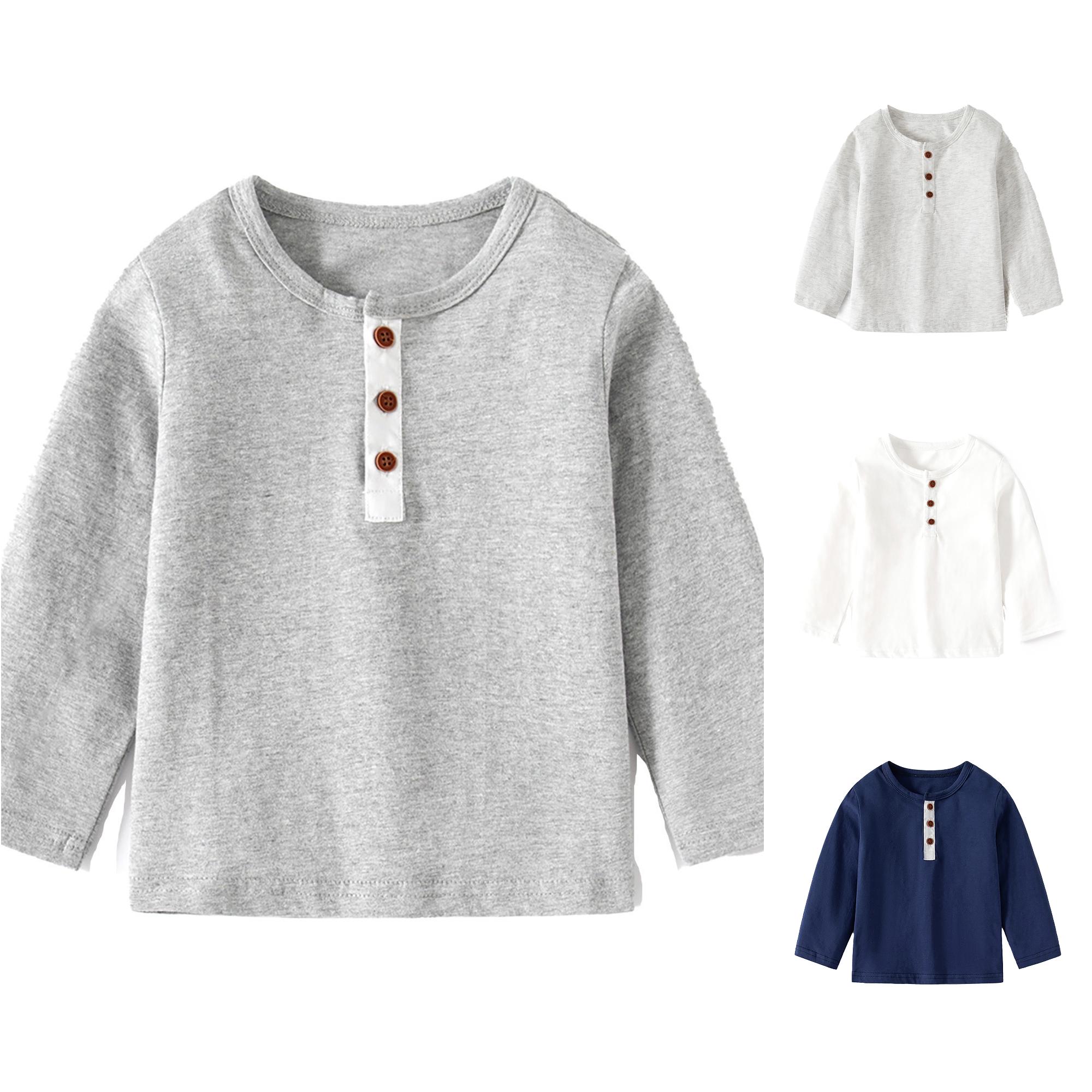 Zhanqunnn Spring New Round Neck Boys Long Sleeve Monochrome Cotton Blend Children Shirt, Size 5-6 Years