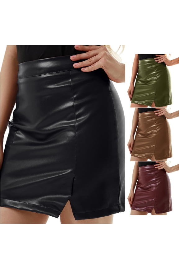 Women's Pure Colored Short Skirt Skirt Tight Leather Skirt Slit Miniskirt Girls Denim Skirt, Size S