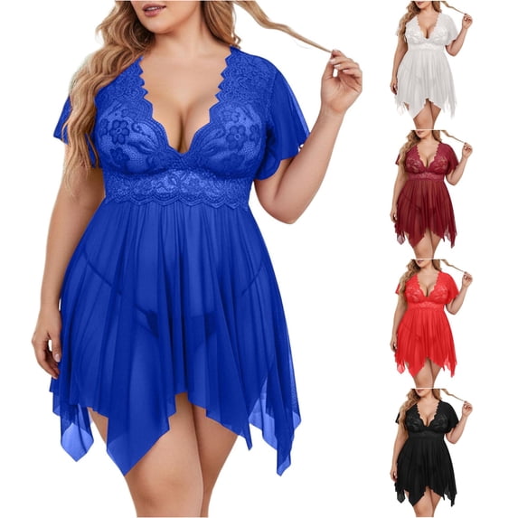Zhanqunnn Womens Elegant Plus Size Lace Mesh Bodysuit With Floral Embroidery And Nightgown Style Sleepwear For, Size XXXXL