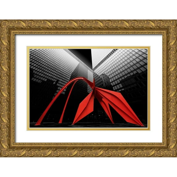 Zhao, Henry 14x11 Gold Ornate Wood Framed with Double Matting Museum Art Print Titled - Chicago Flamingo Scuplture