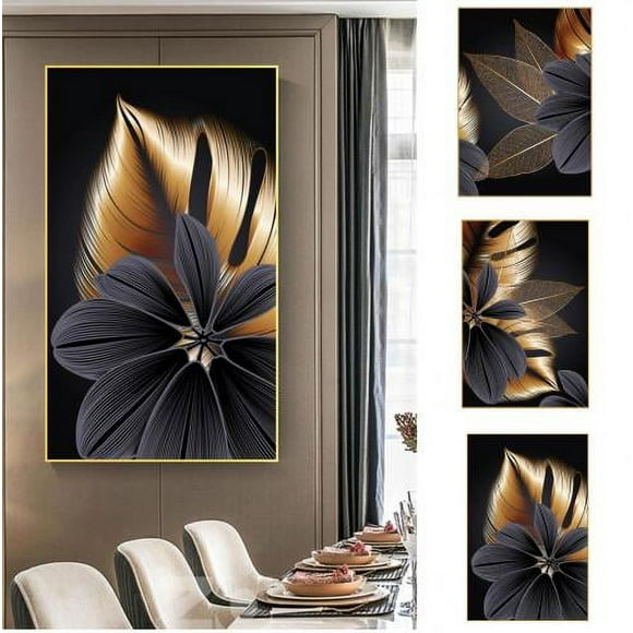Zhaomeidaxi 1/3pcs Modern Abstract Gold Black Leaves Wall Art Decor Canvas Painting Pictures Artwork Home Decor for Living Room Dining Room Bedroom