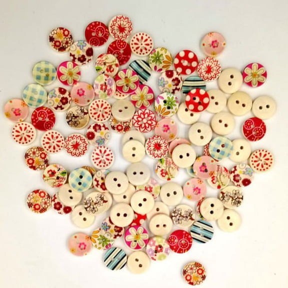 Zhaomeidaxi 100PCS Mixed Wooden Buttons,Wood Vintage Cute Flower Dots Craft Button,Colors Vintage Buttons for DIY Sewing Craft Decorative