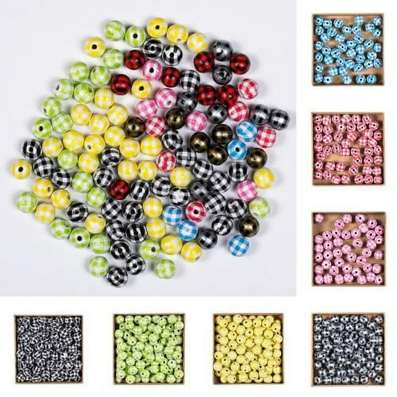 Zhaomeidaxi 100Pcs Round Plaid Beads Wooden Beads for Crafts Rustic Round Wood Beads for Home Plaid Decor Fall Garland Christmas DIY Craft