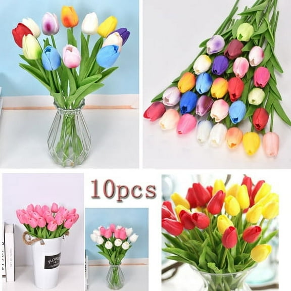 Zhaomeidaxi 10pcs White Flowers Artificial Tulip Silk Flowers 13.5" for Chirstmas Holiday Home Decorations Centerpieces Arrangement Wedding Bouquet Multicolor