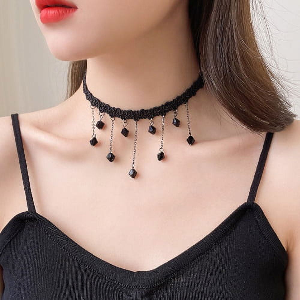Sinistra Lace Gothic Choker with Sapphire Blue Crystal - Gothic Jewellery