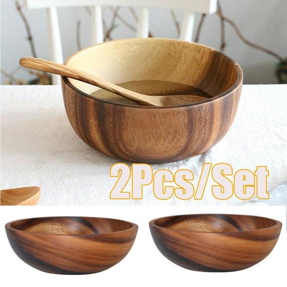 Zhaomeidaxi 2Pcs Round Wooden Salad Bowls, Serving Bowl for Fruits or Salads, Natural Organic Serving Dish Dinnerware