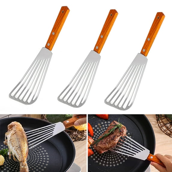 Zhaomeidaxi 3Pcs Wooden Handle Fish Spatula, Stainless Steel Nonstick Slotted Serving Turner, Kitchen Steak Metal Cookie Flipper for Frying, Flipping, Turning, Scooping, Grilling
