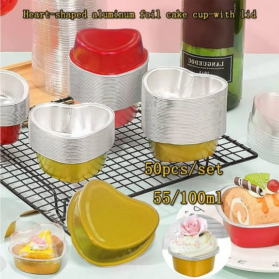 Zhaomeidaxi Aluminum Foil Cake Pan Heart Shaped Cupcake Cup with Lids 100 ml/55ml Disposable Mini Cupcake Cup Flan Baking Cups for Valentine Mothers Day Wedding Christmas Birthday Red/Gold,50 sets