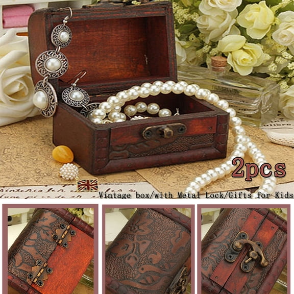 Zhaomeidaxi Chest Treasure Box - Pirates Treasure Chest with Metal Lock Small - Wood Treasure Box Gifts for Kids - Decorative Keepsake Box - Mini Treasure Chest with Hinges & Latches Vintage,2pcs
