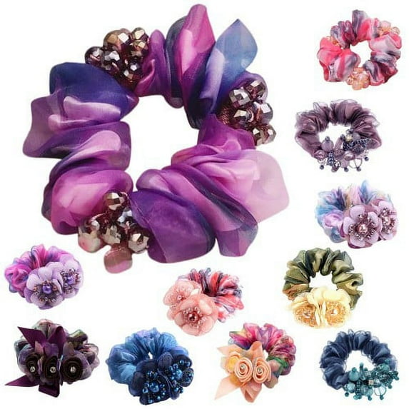 Zhaomeidaxi Flower-shaped rubber band with pearls, multicolor hair accessories, hair rope, high elastic headdress, shiny big hair ring Decor Elegant Beads Bun Hair Accessories 11 pieces
