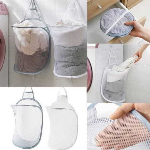 Zhaomeidaxi Household Laundry Basket Folding Mesh Polyester Wall Hanging Self-adhesive Non-perforated Bathroom Laundry Basket Laundry Bag 4pcs