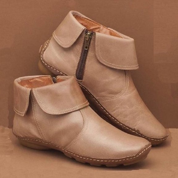 Zhaomeidaxi Newest Womens Walking Arch Support Boots Leather Retro Comfy Flat Heel Ankle Booties Shoes Retro Side Zip Booties