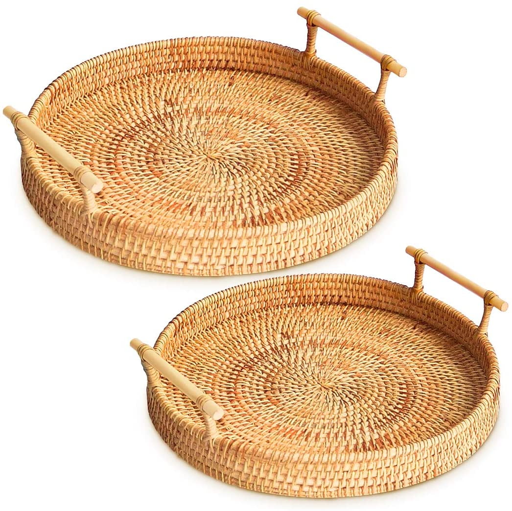 Zhaomeidaxi Rattan Round Serving Tray, 3 Size Hand-Woven Rattan Tray ...